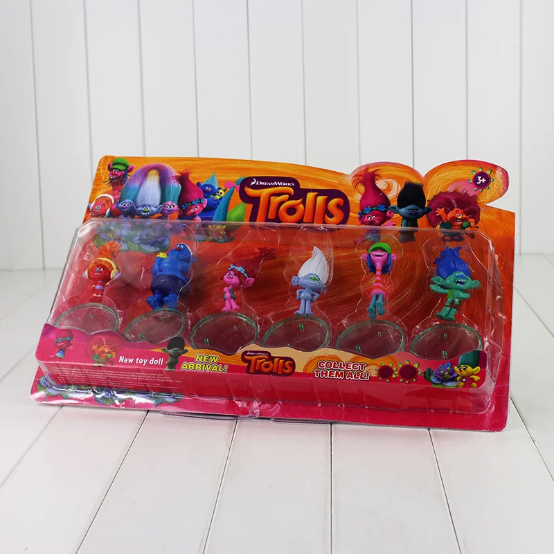 

6pcs/lot Troll Figure Toy 7-8cm Poppy Branch DJ Suki Model Doll With Base Collectible Toy