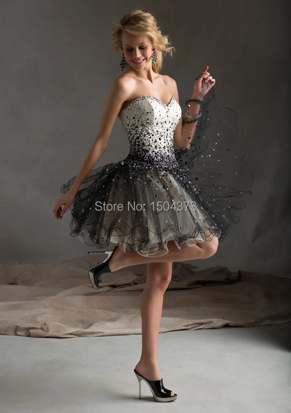 2014 Hot Sale Black Beaded Sweetheart A Line Tulle Short Prom Dresses