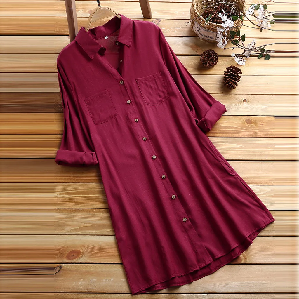 

dresses woman 2018 Women Casual Solid Color Pocket Long Sleeve Button Tops Long Mini Shirt Dress Vestidos De Festa