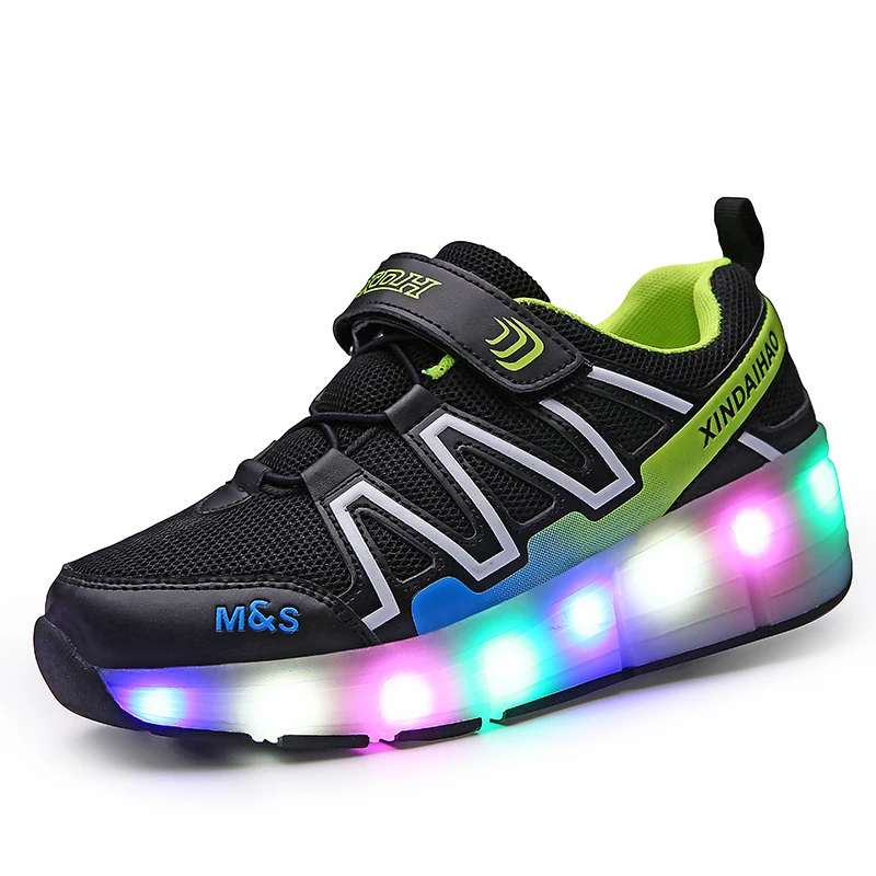 Children LED Shoes With USB Charging Fashion Kids Wheel Sneakers Boys & Girls Casual Sports Roller Shoe Size 28-41 two wheels children roller shoes with wing led usb charging casual sports boys