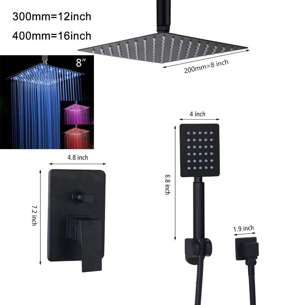 JIENI 8, 12, 16 дюймов, черный смеситель для ванной комнаты, набор для душа, черное светодиодное потолочное крепление, насадка для душа, смеситель с дождевой насадкой, набор для душа