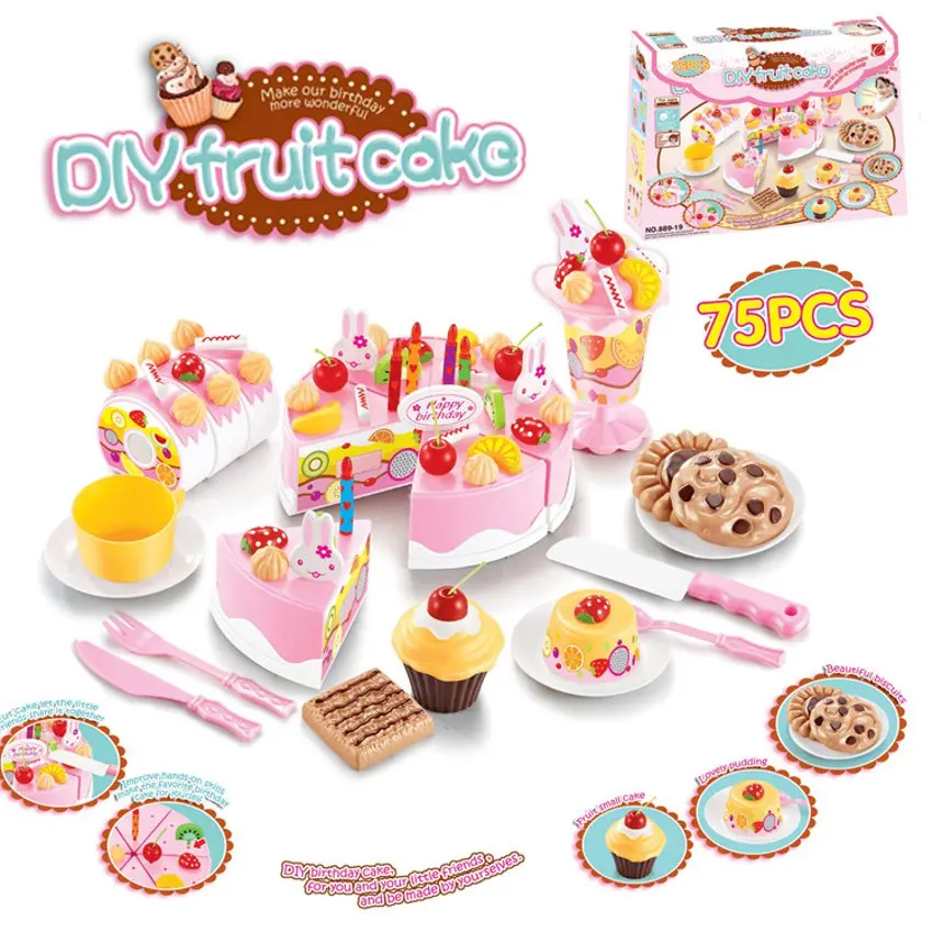 

DIY Fruitcake 75pcs/set Cookware Set Fruit Birthday Cake Children Pretend Play Toys Kitchen Set Kids Toy Educational Assemblage