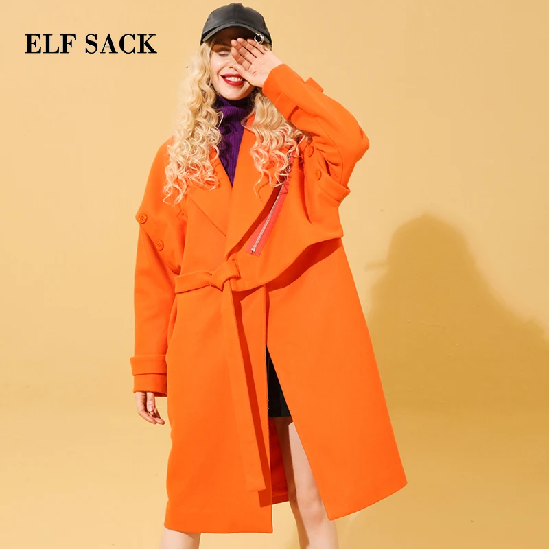 ELFSACK, зимняя Новинка, женские шерстяные куртки с длинным рукавом, одноцветные женские куртки с отложным воротником, Женские однотонные куртки с широкой талией