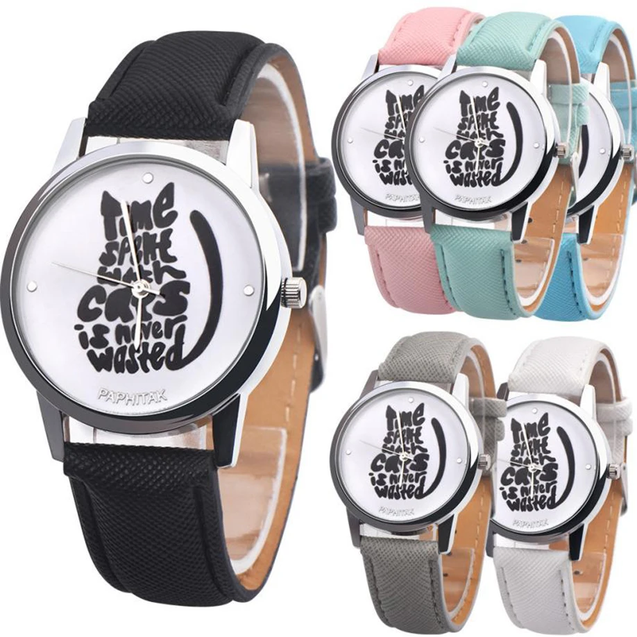

New 2018 Fashion Cute Letters Cats Watches Women Girl Leather Band Quartz Wrist Watch Female Clock Montre Femme Relogio Feminino