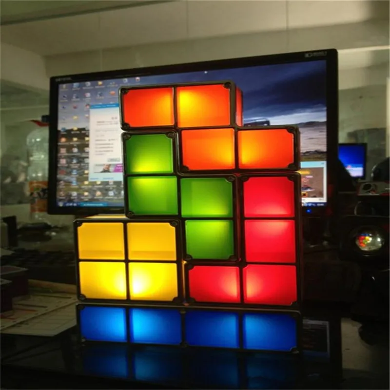 DIY тетрис Puzzle Light Stackable светодио дный LED Настольная лампа конструктор блок ночник Ретро игра башня Детские Красочные кирпичные игрушки