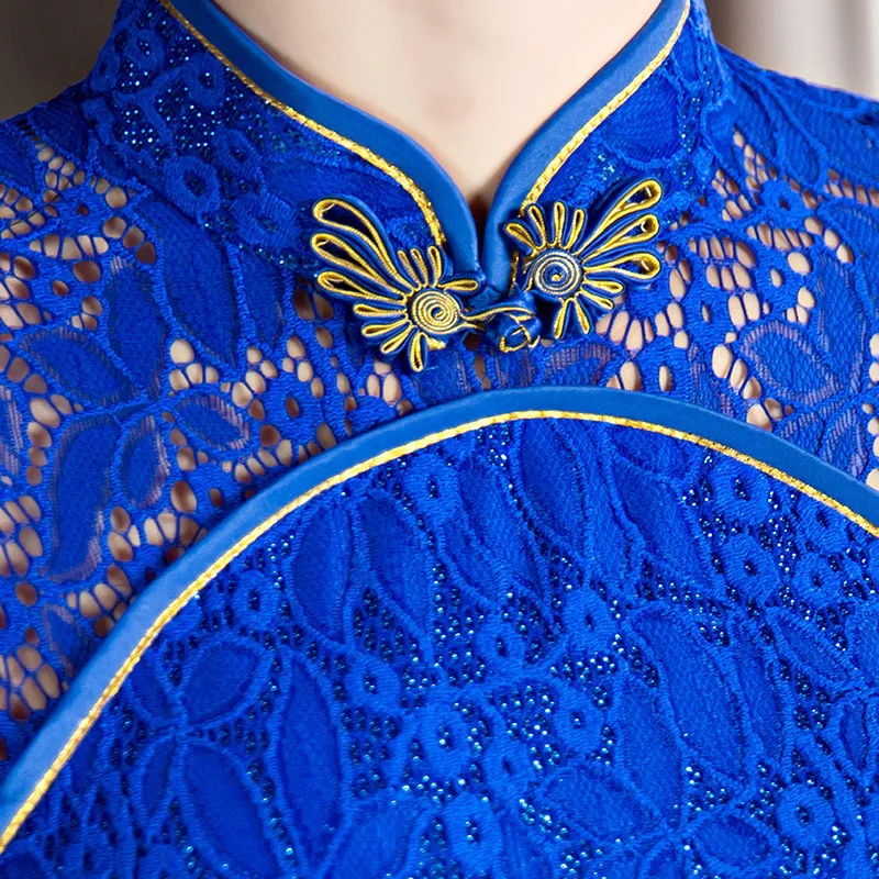 Мода Королевский синий элегантный Китайская традиционная Cheongsam Кружево Qipao для Для женщин рыбий хвост Cheongsam Тонкий вечерние платье