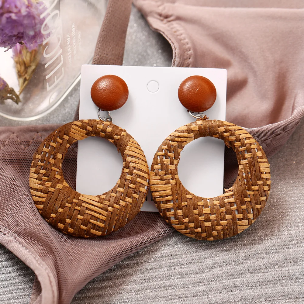 

KMVEXO 2019 Korea Handmade Hollow Wooden Straw Weave Rattan Earring Jewelry Vine Braid Round Long Drop Earrings For Women Girls