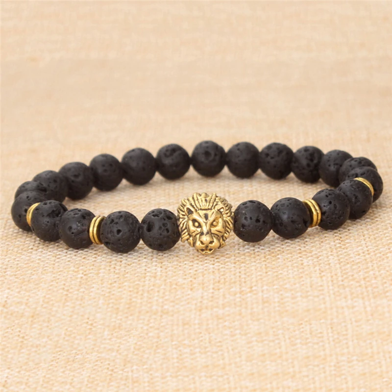 Antique Gold Color Buddha Leo Lion Head Bracelet Black Lava Stone