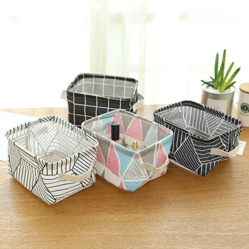 

2PCS/Set 20*16*14cm Linen Desk Storage Box Fabric Holder Plaid Geometric Print Jewelry New Cosmetic Stationery Organizer Case