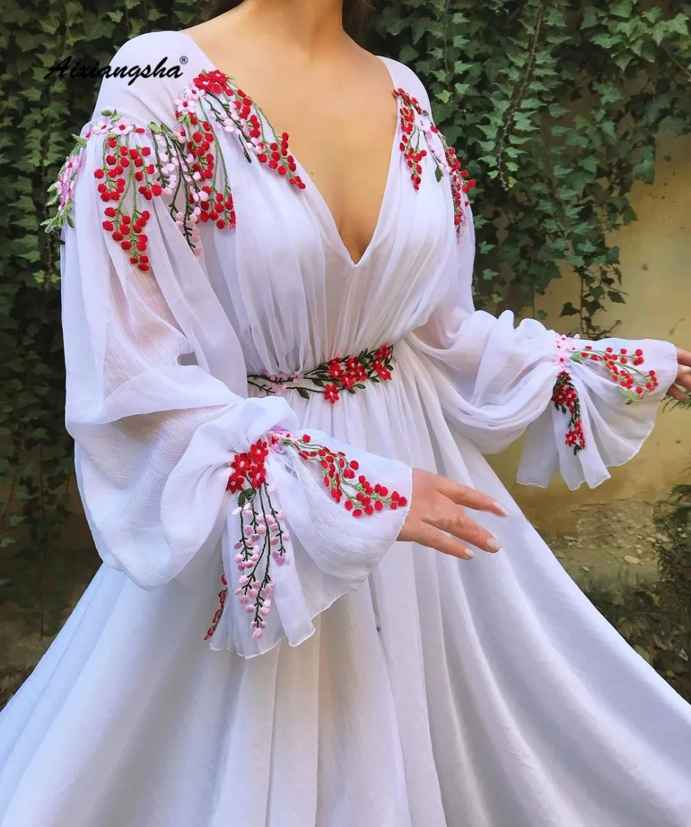 Мусульманское белое вечернее платье длинное шифоновое ТРАПЕЦИЕВИДНОЕ ПЛАТЬЕ С глубоким v-образным вырезом и рукавами с разрезом и кружевной аппликацией Специальные вечерние платья Vestidos