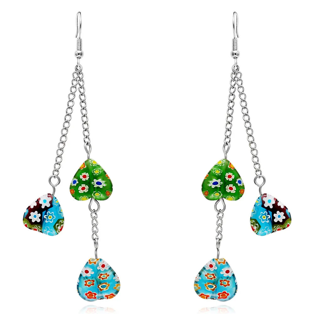 

Fashion Glass Long Chain String Heart Drop Earring Green Color Women Party Wedding Gift