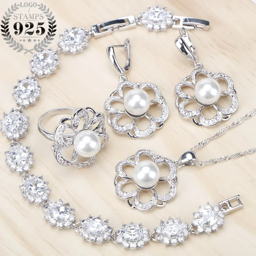 

White Pearl Costume Jewelry Sets Silver 925 Jewellry Bracelets/Earrings/Pendant/Necklace/Rings For Women Free Gfit Box