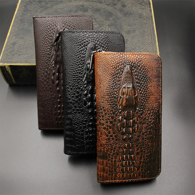 

Crocodile Pattern busieness men long wallet 2019 vintage pu leather purse coin zipper slim Large Capacity clutch High Quality