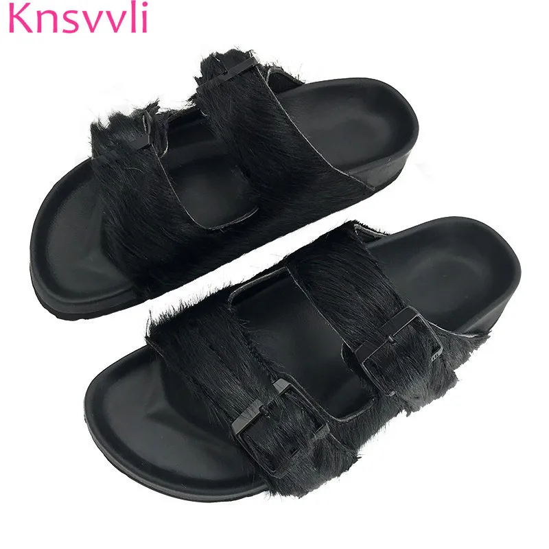 

Knsvvli Black Horsehair Buckle Flat Slippers Women 2019 Summer Peep Toe Casual Platform Shoes Woman Comfort Mules Shoes Women
