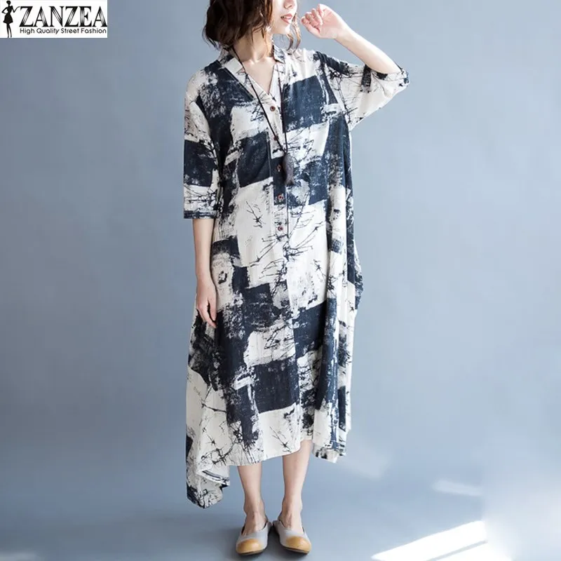 ZANZEA Oversized Women Floral Print Short Sleeve Buttons Down Vintage Cotton Linen font b Maxi b