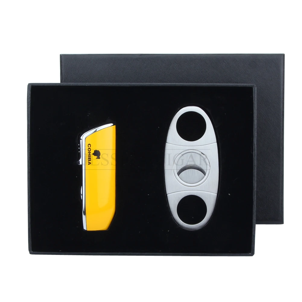 

COHIBA Cigars Set Metal Sharp Cigar Cutter Guillotine Windproof 3 Jet Torch Cigar Cigarette Lighter With Cigars Punch Gift Box