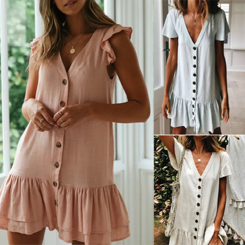 

2019 Women Button Solid Color Ruffles V Neck Sleeveless Mini Evening Party Dress Pastoral Style Chic Fresh Dress Hot Sale