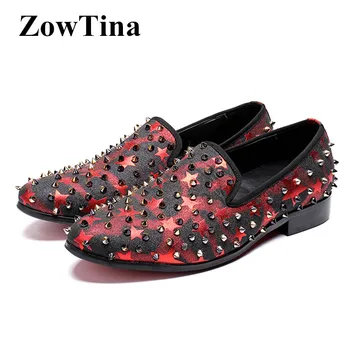 

Red Star Print Men Formal Dress Flats Slip On Loafers Mocassin Homme Rivets Studded Creepers Shoes Man Zapatillas Hombre Sneaker