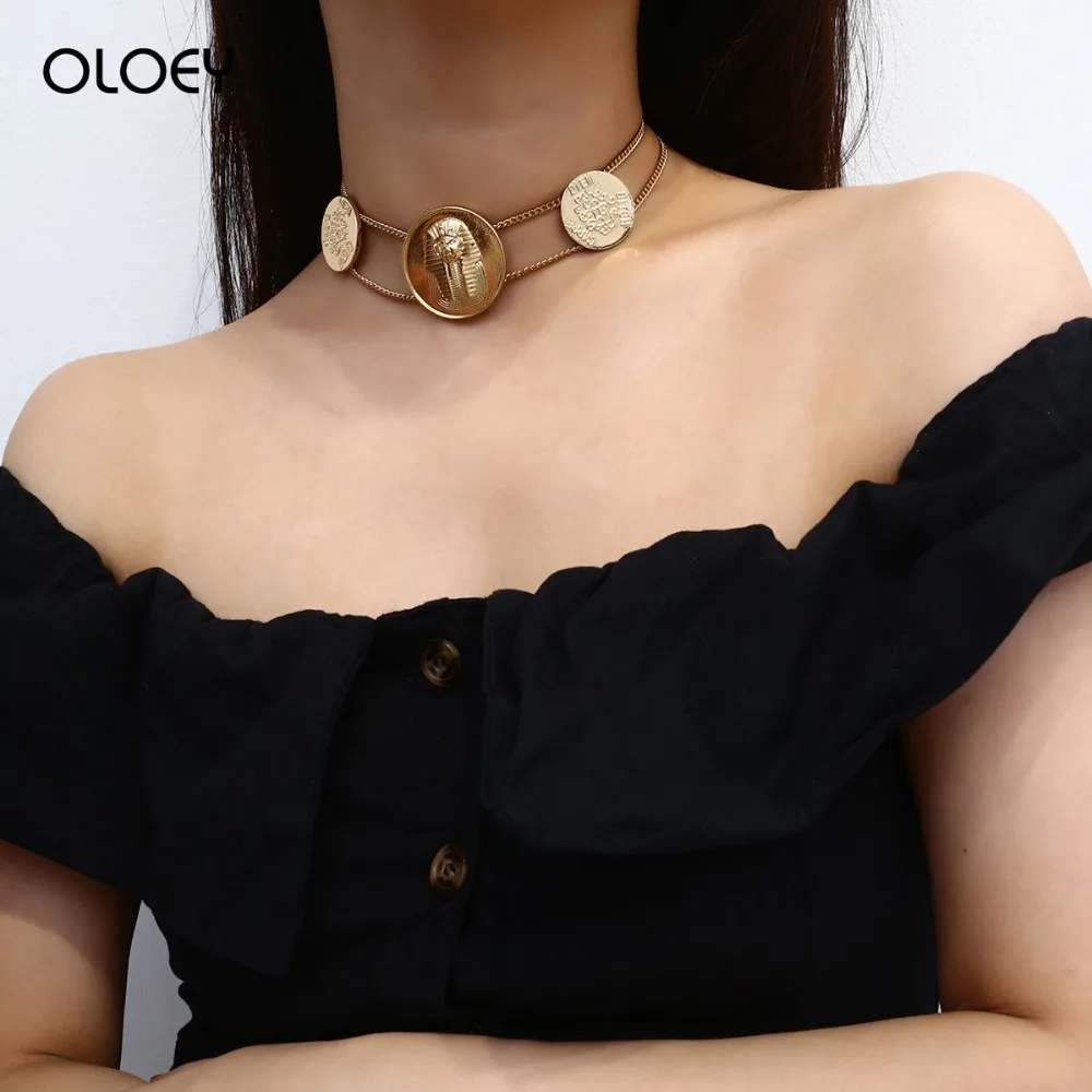 

OLOEY Punk Vintage Necklace Women Fashion Geometric Embossed Alloy Choker Party Club Egyptian Totem Necklaces Jewelry Gifts