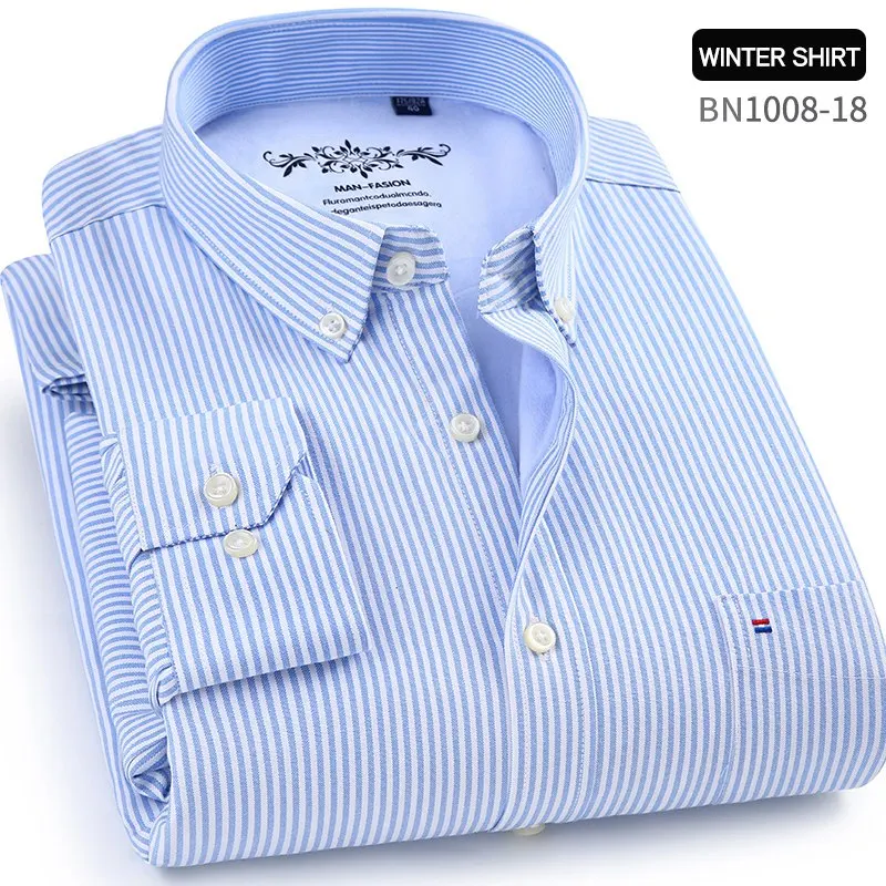 Winter mens work shirts striped solid color Long sleeve social men dress shirt oxford male shirts Plus size 4XL White color - Цвет: BN1008-18