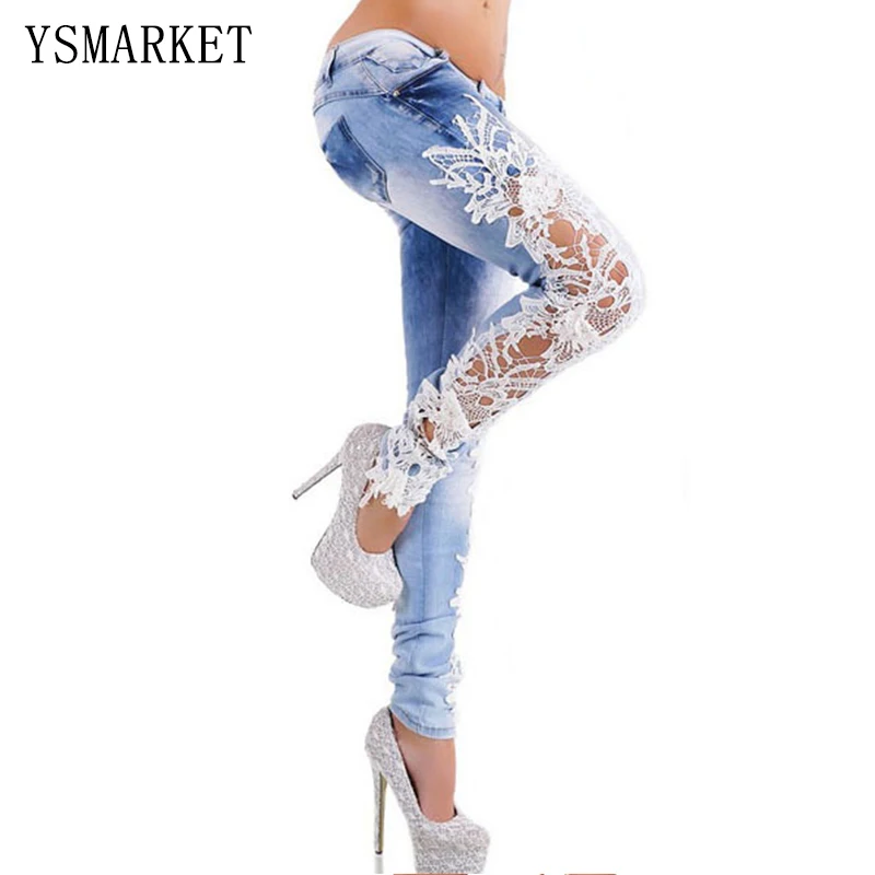 

Spring New Denim Sexy Lace Women Jeans Floral Splice Low Waist Long Pencil Denim Pants Femme Skinny Boyfriend Jeans 66831