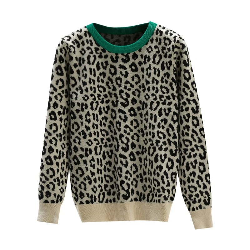 

Qooth Crew Neck Sweater Women Pullover Leopard Knitted Sweaters 2019 Winter Fashion Long Sleeve Casual Hit Color Jumpers QH1836