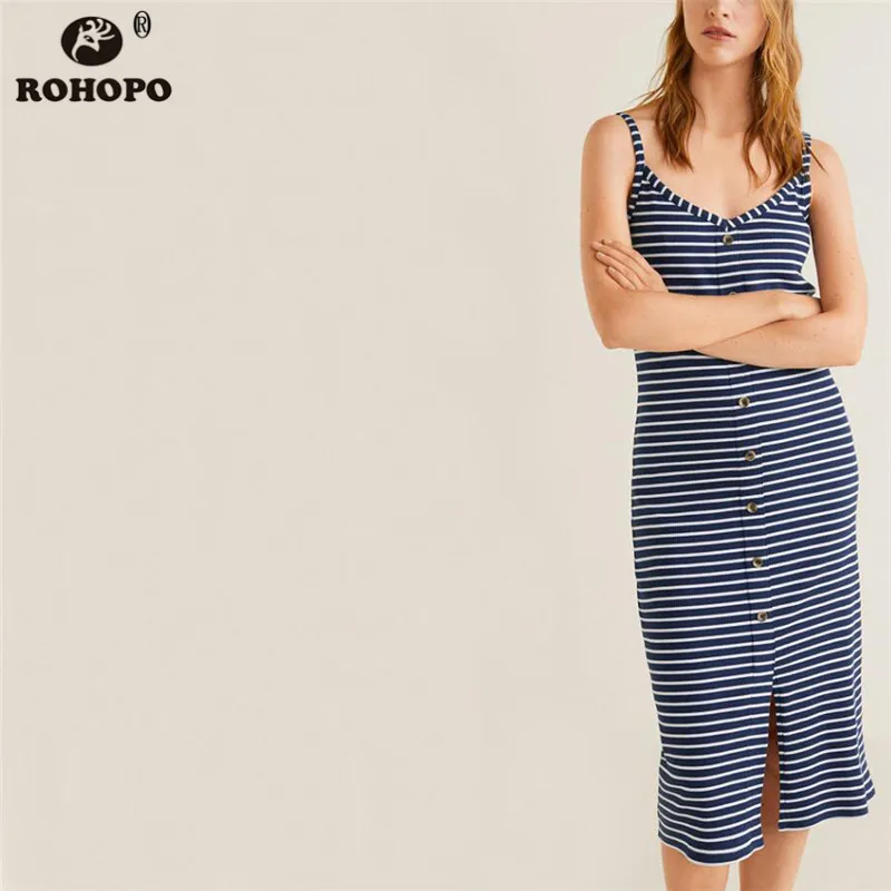 

ROHOPO Summer Striped Cotton Bodycon Sleeveless Straight Navy Blue Midi Dress Female Single Breast Sheathe vestido #LT2017