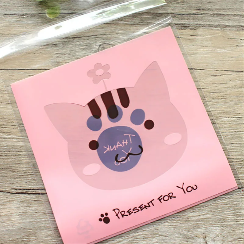 100Pcs Cartoon Animal Bear Dog Cat Gift Bag Cookie For Sweets Present Packing Favors Cake Packag Candy Party Goodie Wedding Bags - Цвет: Pink cat