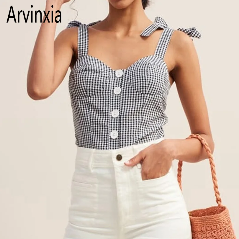 

Arvinxia ZA Sexy Plaid Spaghetti Strap Woman Summer Camis New Button Bodycon Ladies Tops Fashion Bow Sleeveless Streetwear Camis