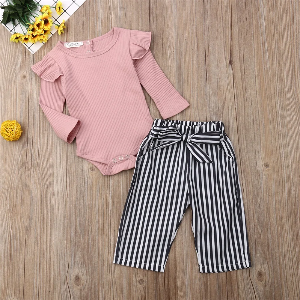 Cute Newborn Infant Baby Girl Sweet Outfit Clothes Ruffle Long Sleeve Romper Bow Tie Striped Pants Trousers Clothes Set