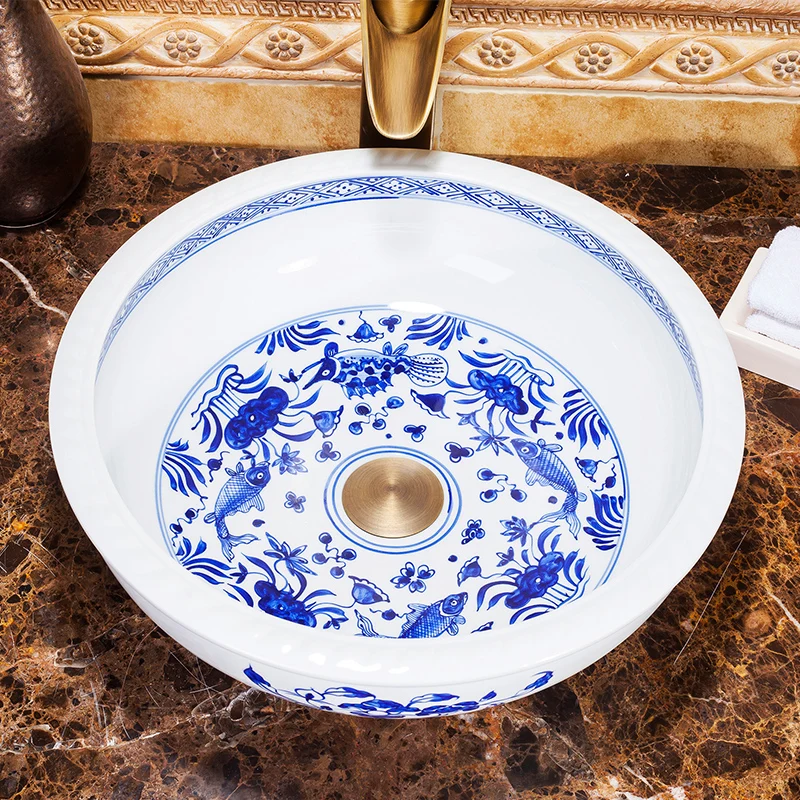 Chinese Hand Painted Blue And White Ceramic Bathroom Basinsin Bathroom
