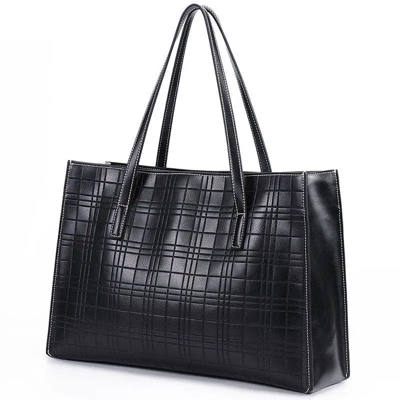 

Women Cowhide Shoulder Bag Crossbody Bag Daily Casual Big Bag Genuine Leather Bags for Women Plaid Black Color