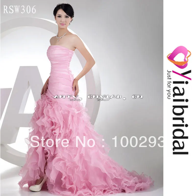 RSW306 Hot Pink Split Front Wedding Dress Organza Ruffles Skirt Real Sample In Stock Cheap Price