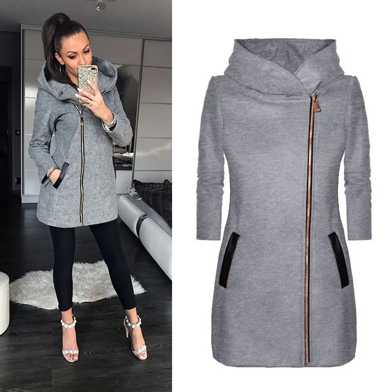 

Autumn Winter Women Hooded Coat With Hat Long Sleeve Thicken Overcoat Warm Zipper Jacket Outwear M8694