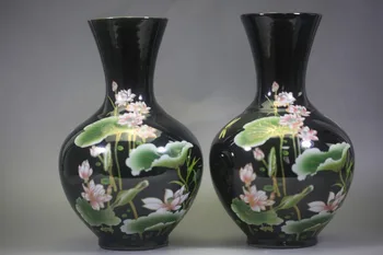 

2 Pcs rare Collectible Porcelain Famille Rose Black Hand-painted Lotus/Vase