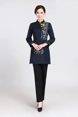 Suit and apron 0C С длинным рукавом рабочая одежда весна/осень отель рубашка цветочным принтом+ Фартук комплект кофе официант в кафе форма пальто Дешевые Ресторан - Цвет: Suit and apron 0C