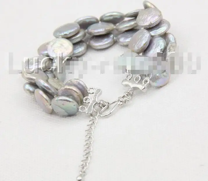 

FREE SHIPPING HOT sell new Style >>>> 7"-9.5" 3row 12mm coin fastener gray pearls bracelet E8757