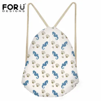 

FORUDESIGNS Cartoon Animal Design Small Drawstring Bag Fashion String Backpack Boys Girls Seahorse And Shells Printed Beach Bags