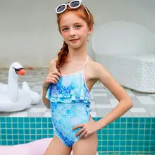Детский купальник голубой цветочный Регулируемый купальник с ремешками для девочек,, весенний купальный костюм галстук, одежда для плавания с листком лотоса