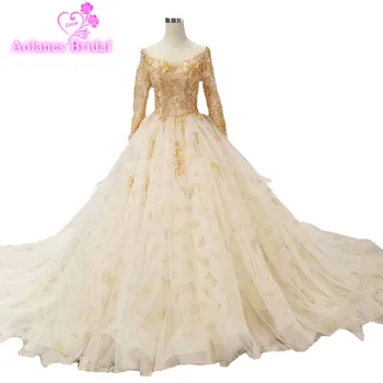

2018 Champagne Tulle Gold Lace Applique Scoop Court Train Floor-length Bridal Gowns Lace Up Ball Gown Illusion Wedding Dresses