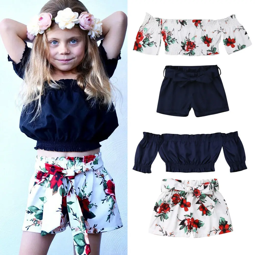 

2Pcs Kid Baby Girl Summer Flower Off Shoulder Crop Chiffon Tops High Waist Short Pants 2PCS Outfit Clothes Set 2019