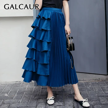 

GALCAUR Ruffles Pleated Patchwork Skirt For Women High Waist Solid Large Size Streetwear Skirts Female 2020 Fashion Summer