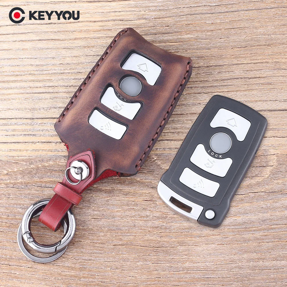 

KEYYOU 4 Buttons Genuine Leather Protector Key Case Fob For BMW 7 Series E65 E66 E67 E68 745i 745Li 750i 750Li 760i