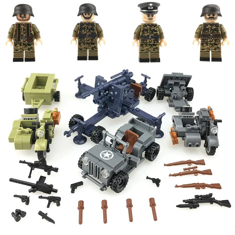 

NEW WW2 German Army Military Figures Blocks Willis Jeep antiaircraft gun weapons parts building blocks Bricks toys for children