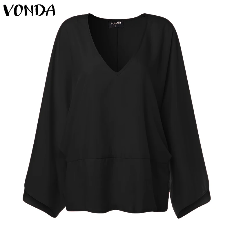 VONDA, Женская Сексуальная Блузка с v-образным вырезом и длинным рукавом, рубашки, весна-осень, топы, повседневные свободные блузки, OL рубашка размера плюс 5XL - Цвет: Black