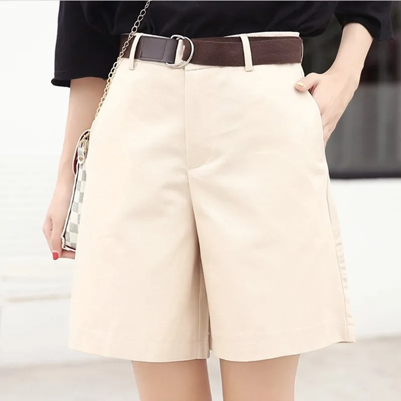 Женские Летние повседневные шорты в Корейском стиле размера плюс S-2XL, хлопковые модные дизайнерские женские повседневные однотонные шорты цвета хаки, белого цвета - Цвет: beige