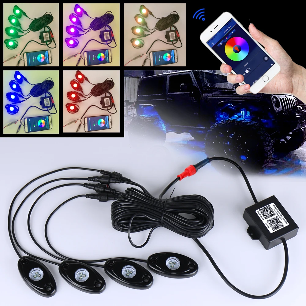 

1 Set Neon Light Control by phone Bluetooth 4 pods Multi-color Car Led Rock Light for Jeep 4X4 suzuki samurai Lada Car Truck