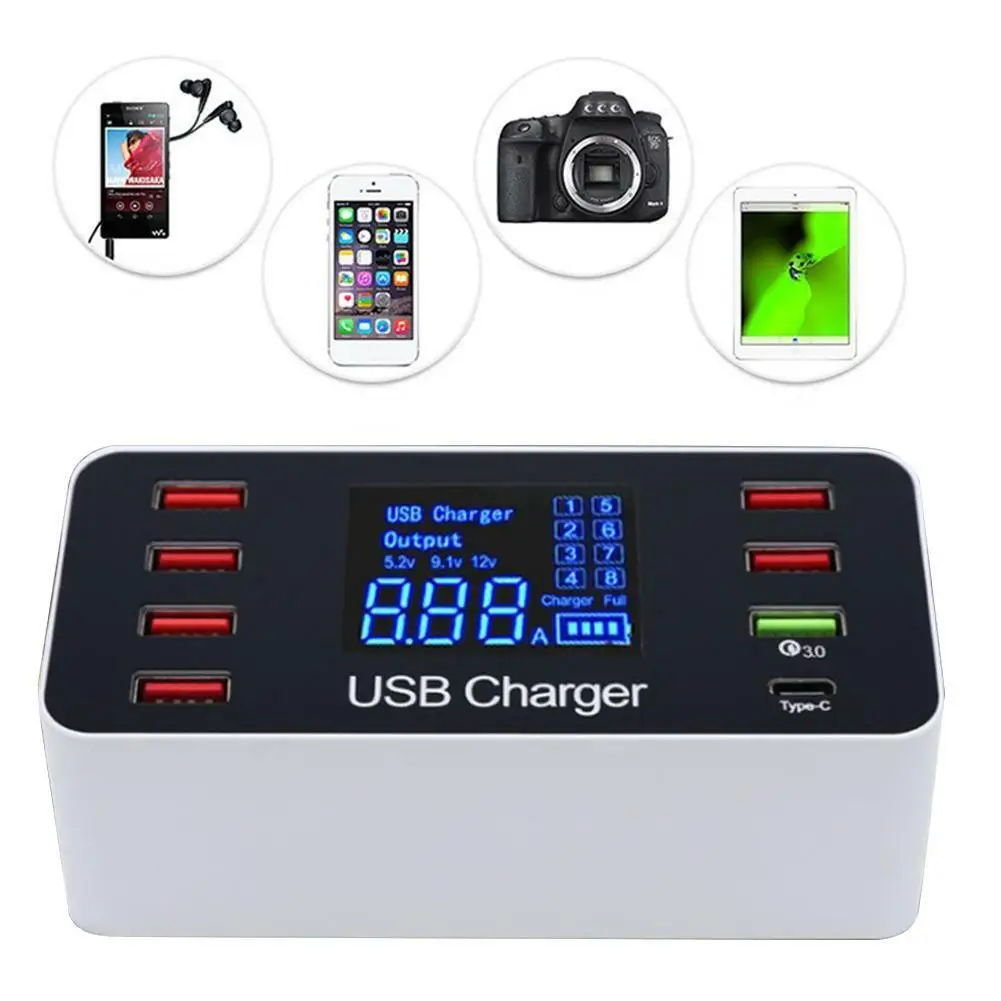 New Hot 8 Ports USB Charger LCD Digital Display 40W Smart Charger for Mobile Tablet