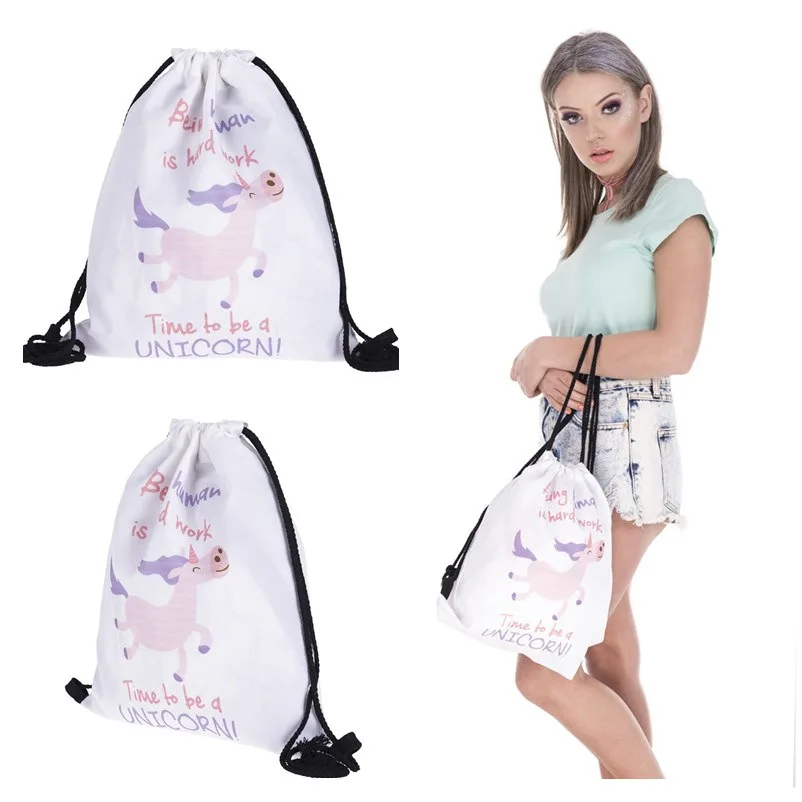 Женский шоппинг Draw Карманный милый рисунок единорога Печать Drawstring Карманный ladiestrining холст маленький рюкзак Mochila