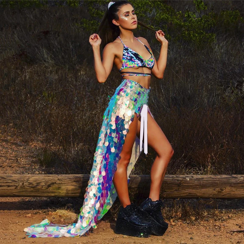 

Shiny Big Sequins High Split Lace Up Sexy Women Skirts Summer Fashion Patchwork Skinny Rave Festival Performance Skirt 2019